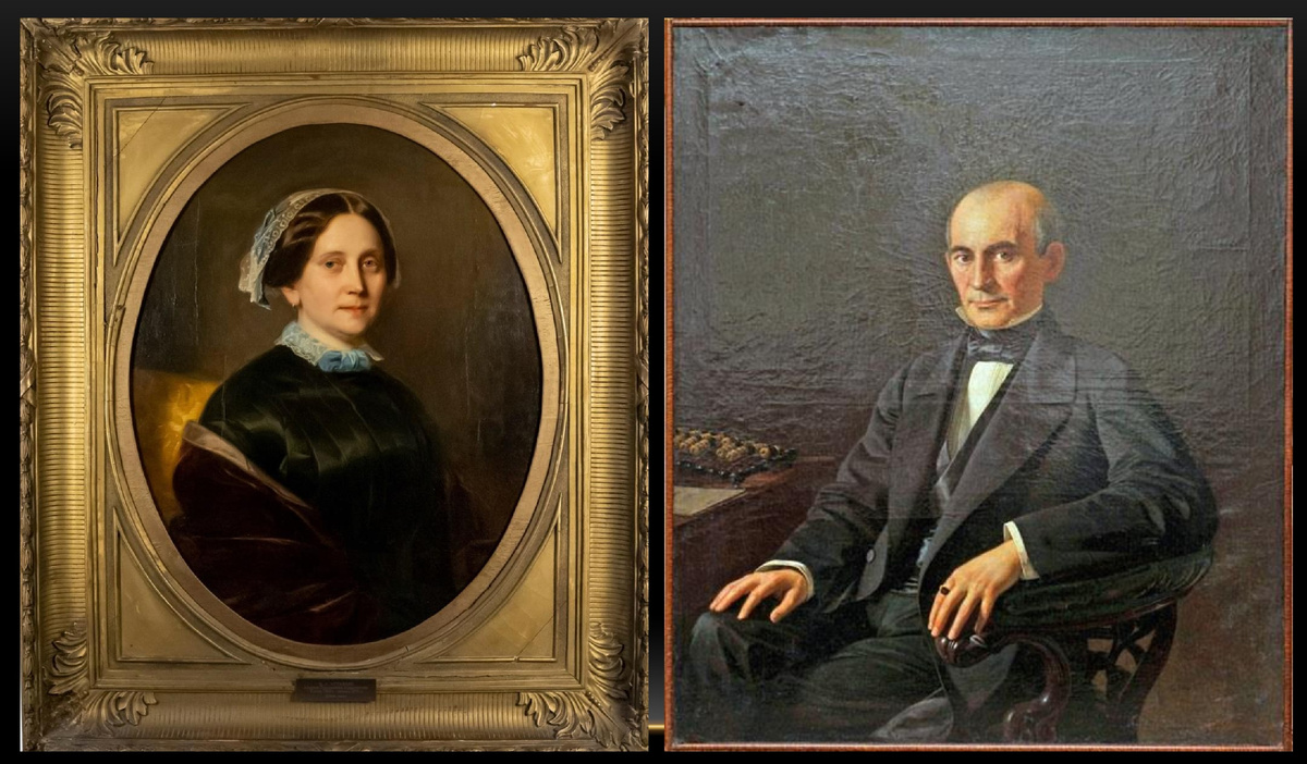 Карл Иоганн Лаш. Портрет М.Т. Мамонтовой (урожд. Лахтиной). 1850. Холст, масло. Из собрания Музея-заповедника «Абрамцево» / Неизвестный художник. Портрет И.Ф. Мамонтова. Не позднее 1852. Частное собрание