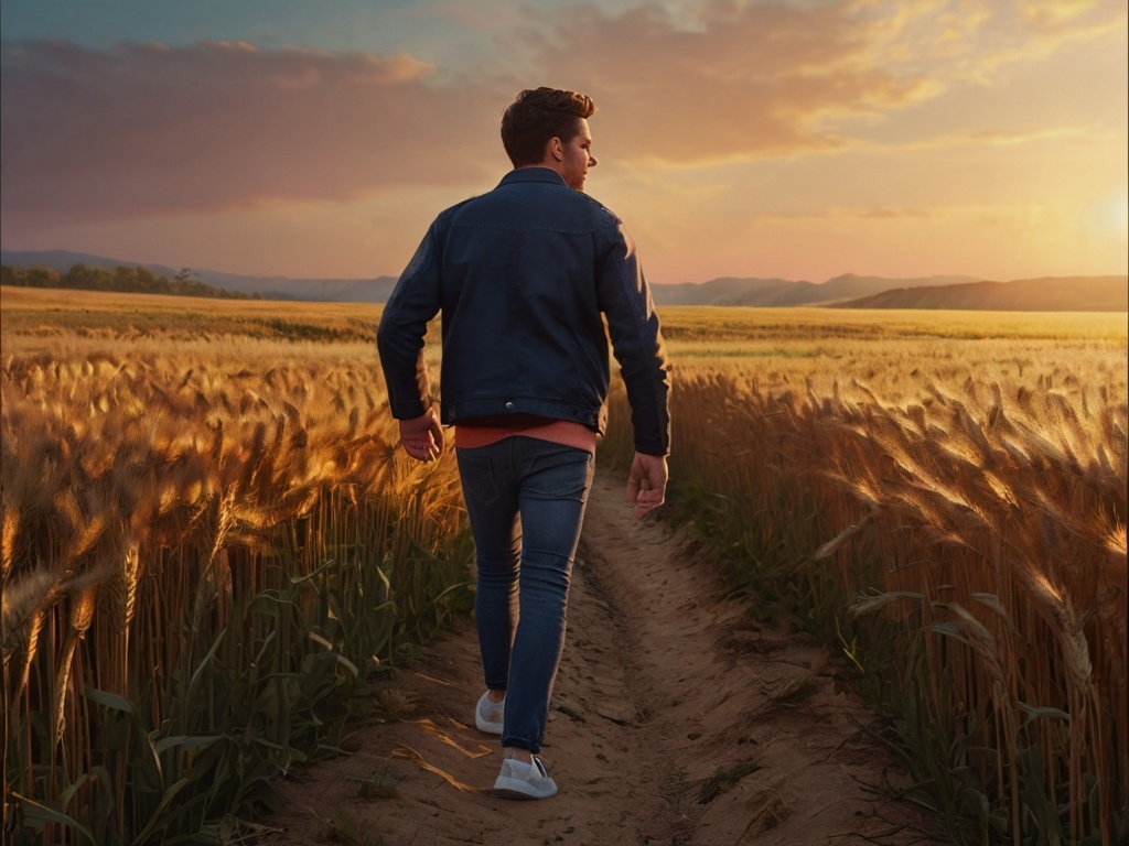 Человек идёт по тропе в поле на закате