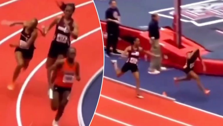    Спортсменка ударила соперницу эстафетной палочкой по голове по время забега.скриншот из трансляции