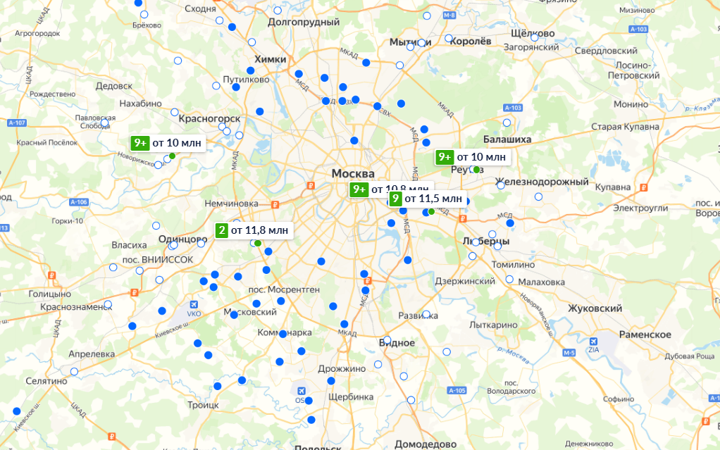 За 10-12 млн руб. можно рассчитывать на однушку в новостройке вот в таких локациях со сдачей в 2025-27 гг. (скриншот cian.ru)