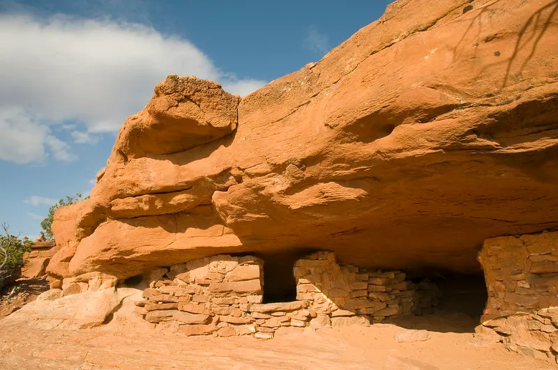 Коренные американцы племени Анасаци хранили зерно в зернохранилище на вершине месы возле Ацтек-Бьют.