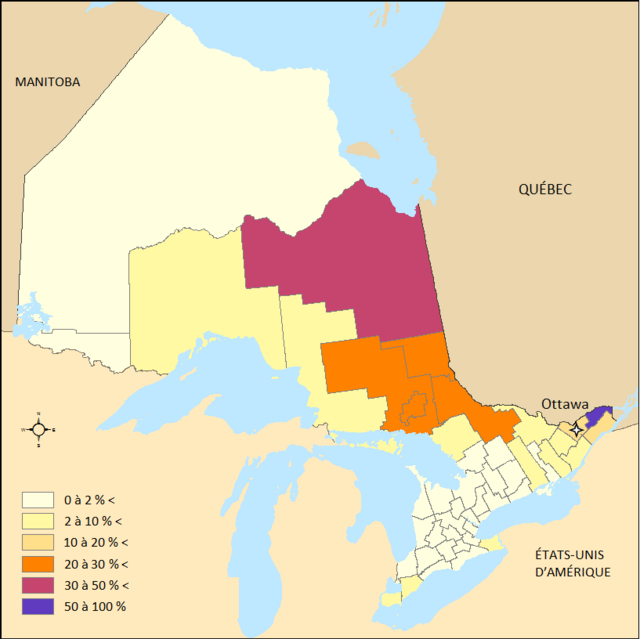 Районы проживания франко-онтарийцев на территории провинции Онтарио