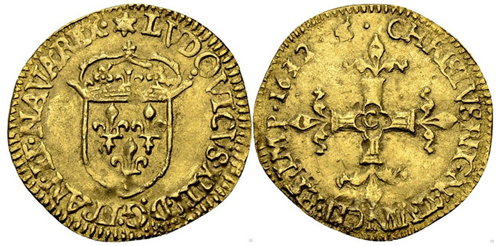 Золотой экю Людовика XIII. Фото: Coinscatalog.NET/ru/france/coin-1-10-oz-gold-ecu-dor-louis-xiii-km-41-3-ecu-coinage