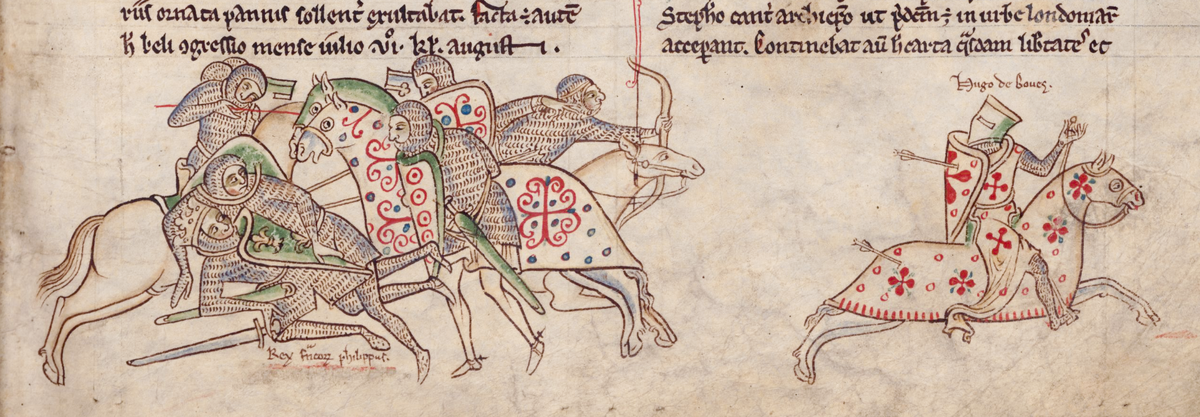 Король Филипп, сброшенный с лошади (слева, в короне), и Хью де Бовес (справа), спасающиеся бегством после битвы при Бувине