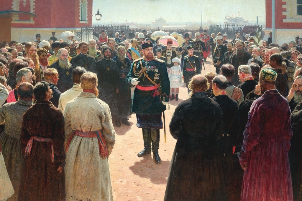    Фото © Wikipedia / Илья Ефимович Репин / Картина «Приём волостных старшин Александром III во дворе Петровского дворца в Москве». 1886 год.