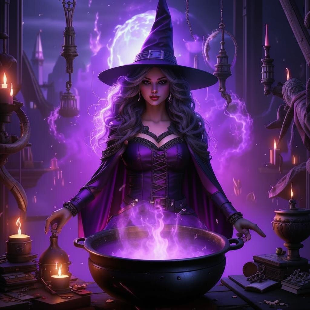 Ведьма варит зелье. Иллюстрация от Kandinsky by Sber AI