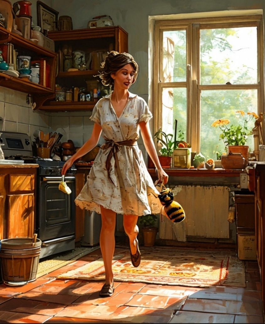 Картинка по запросу автора "домашняя хозяйка делает уборку и носится по квартире как ужаленная" сгенерирована нейросетью Шедеврум. 