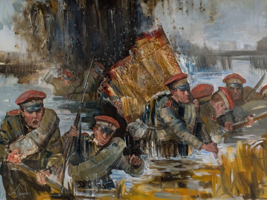 Андрей Ромасюков. Атака младшей роты Дроздовского полка у хутора Капустина в 1918 году. 2007, х.м. Источник: https://krd-kray.ru