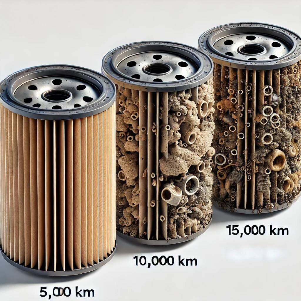 Три масляных фильтра в разрезе с пробегом 5, 10 и 15 тысяч км.