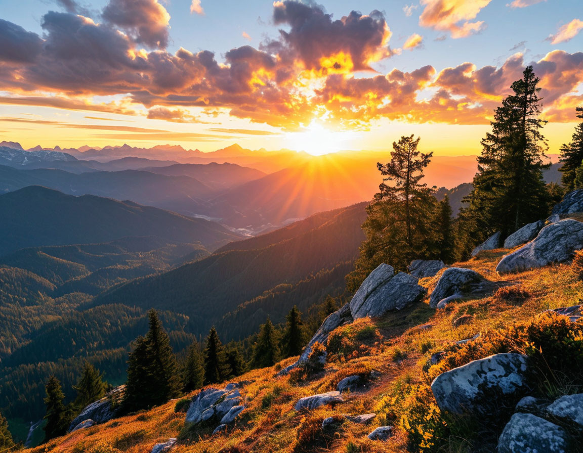 ИИ - восход Солнца в горах.