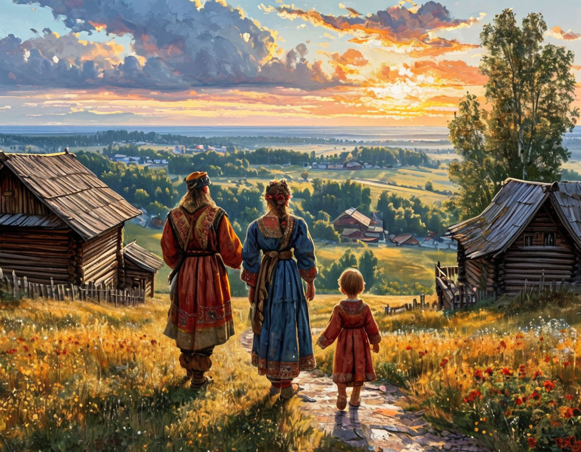 Крестьяне Древней Руси встречают восход Солнца - автор ИИ.