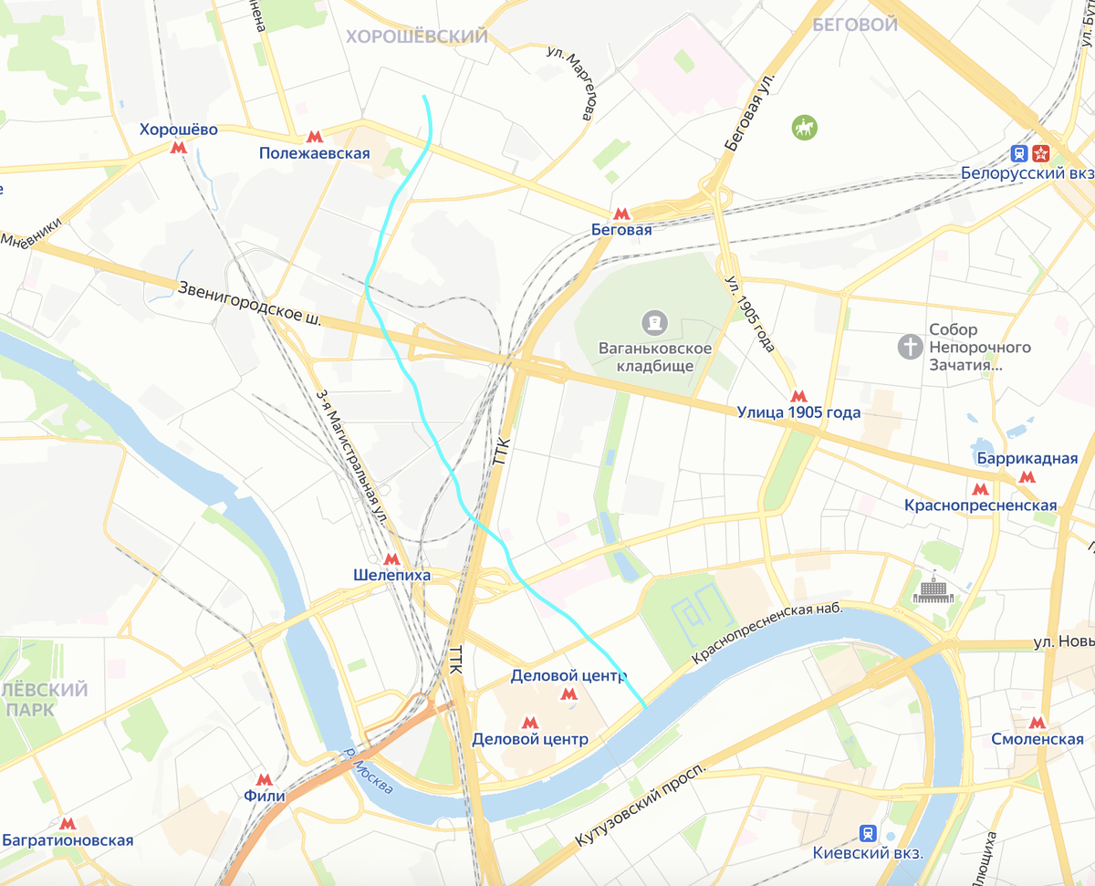 Ермаковский ручей на современной карте Москвы. Это очень схематичное изображение. Яндекс.Карты.