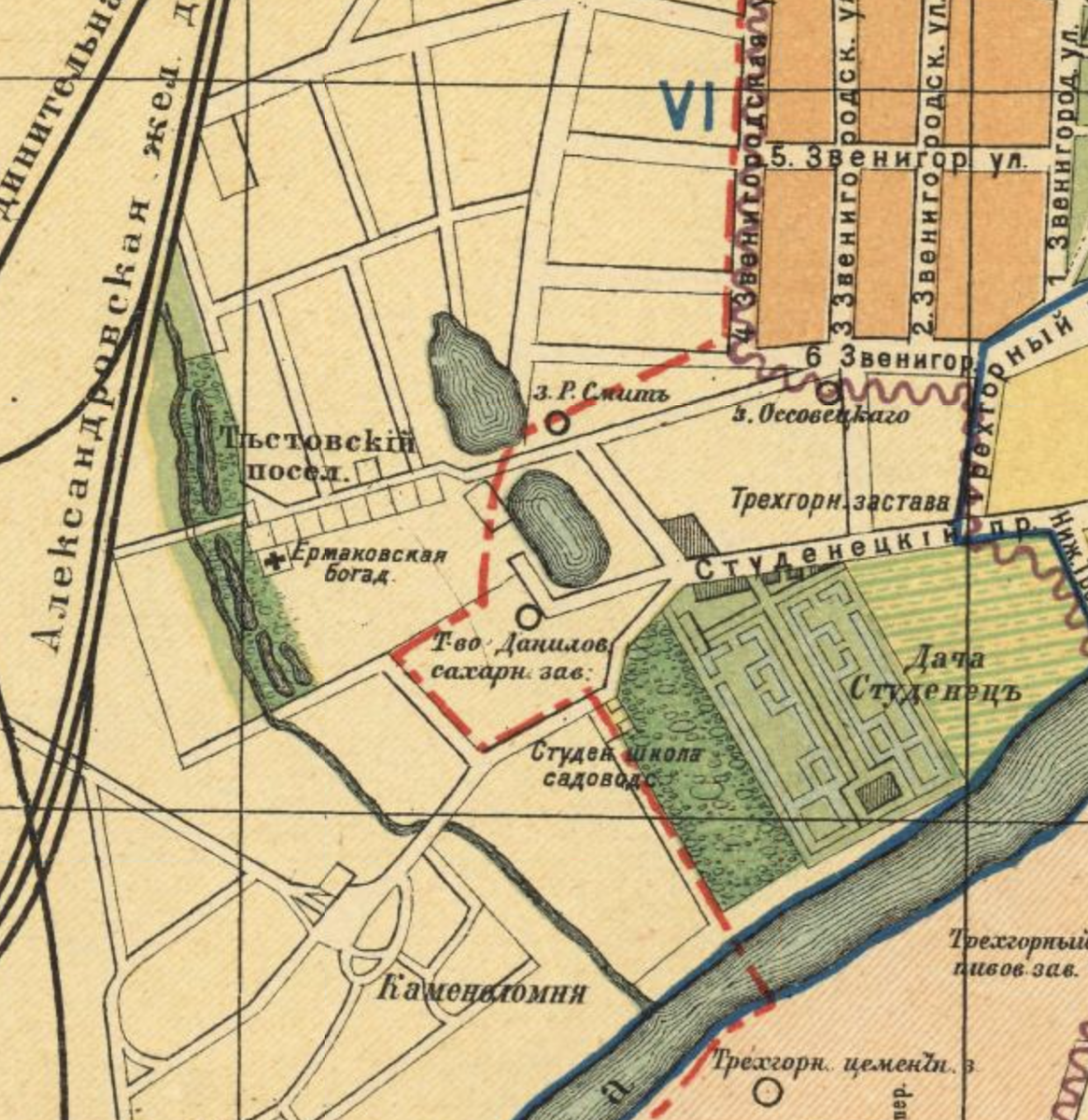 Тестовский посёлок и Ермаковская богадельня на левом берегу ручья, 1915. С сайта www.retromap.ru.