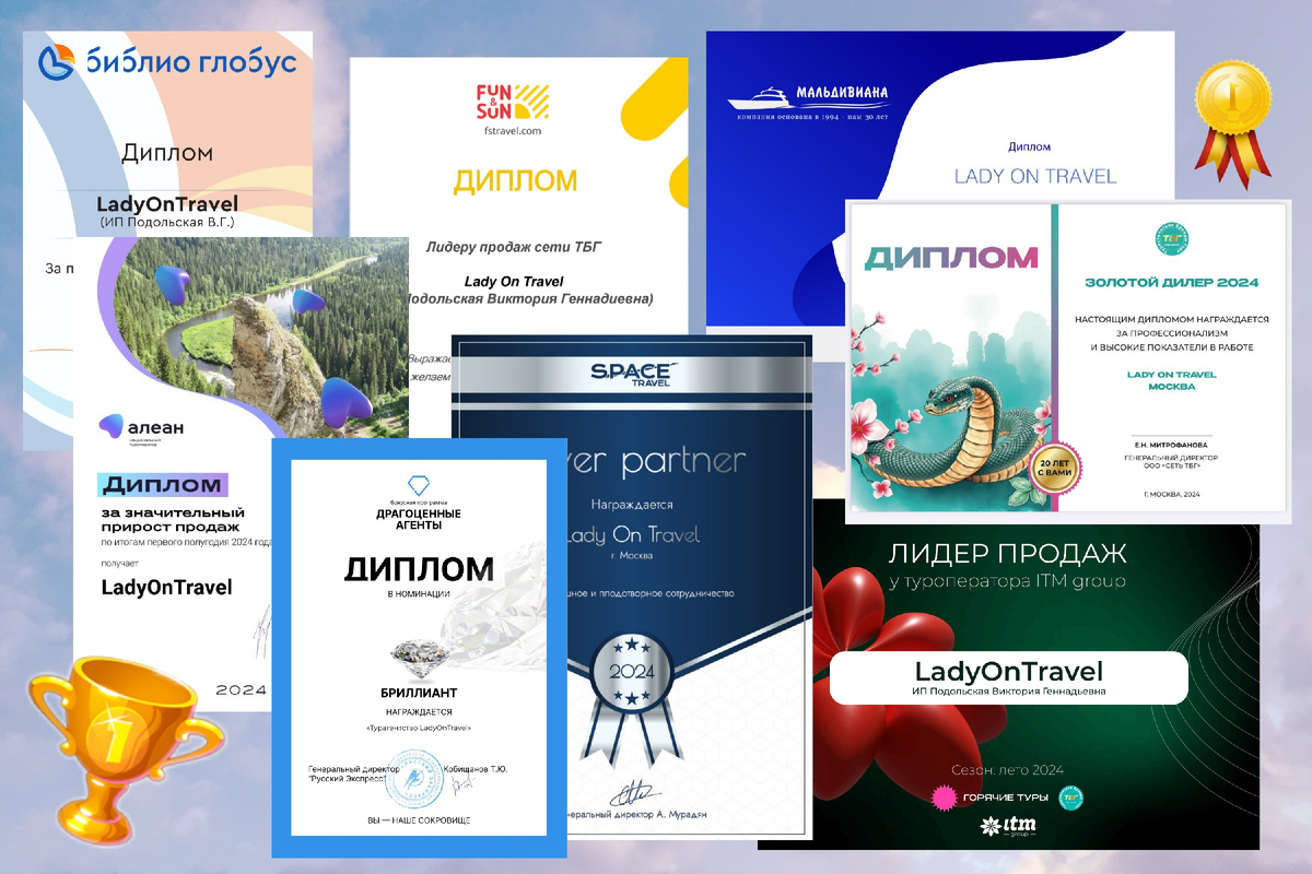 Дипломы агентства Lady On Travel  за 2024 год 