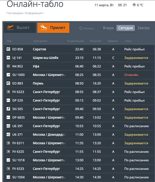    Онлайн-табло аэропорта Храброво (Калининград) 11 марта 2025 года. Автор фото: kgdavia.ru