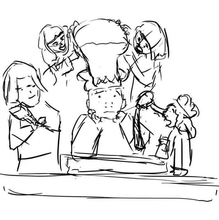 Детский рисунок Лили, изображающей семью во время демонстрации блинобота