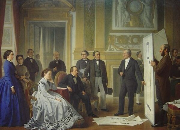 Архитектор Луи Висконти предлагает Наполеону III план достройки Лувра. Картина Жан-Батиста Тисьера, 1865 год