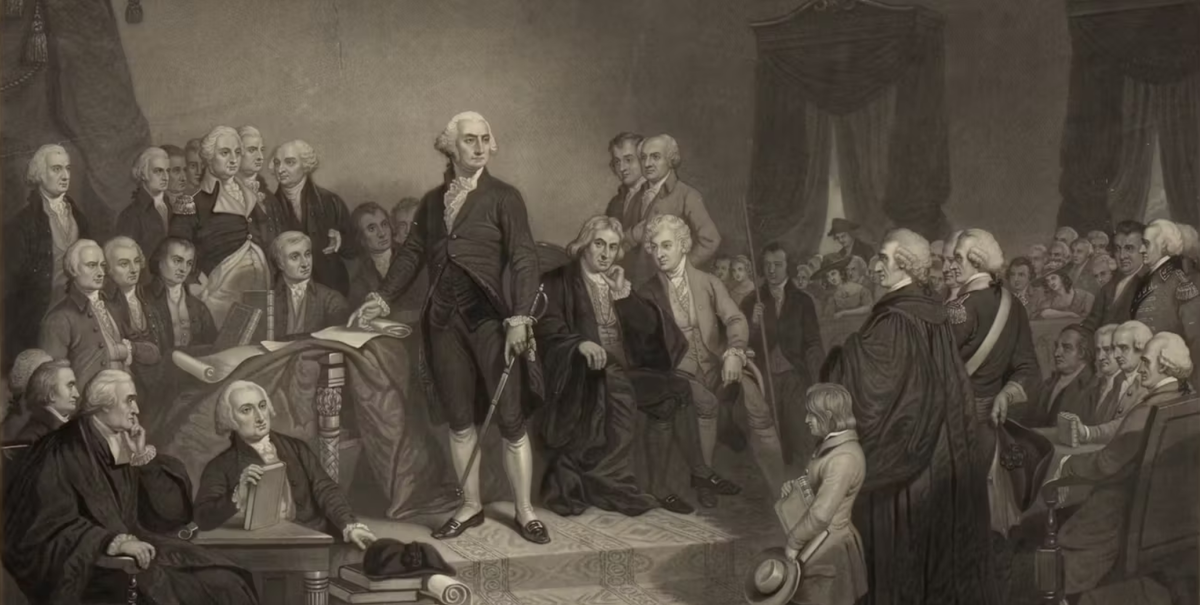 Президент Джордж Вашингтон произносит свою первую инаугурационную речь в апреле 1789 года в Нью-Йорке. Картина Т. Х. Мэттесона, гравюра Х. С. Садда, Библиотека Конгресса