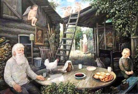 Картина художника Леонида Баранова "Ангелы живут на крыше"