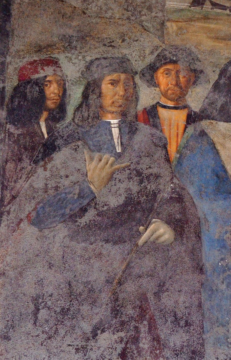 Автопортрет Антонио Соларио. Истории из жизни святого Бенедикта, фреска. Церковь Святых Северино и Соссио, Италия.