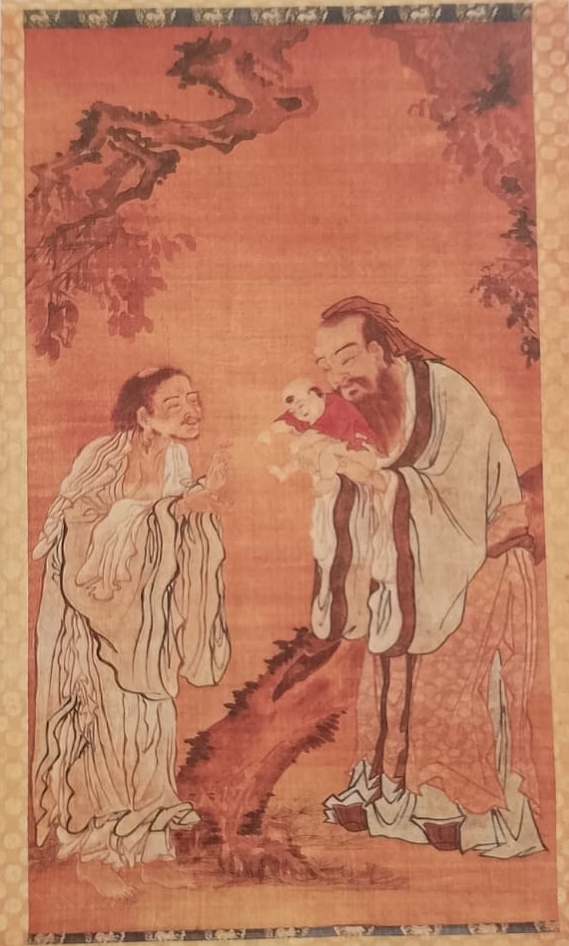 На этой картине XVIII в. изображены Конфуций, Лао-цзы и младенец Будда. 