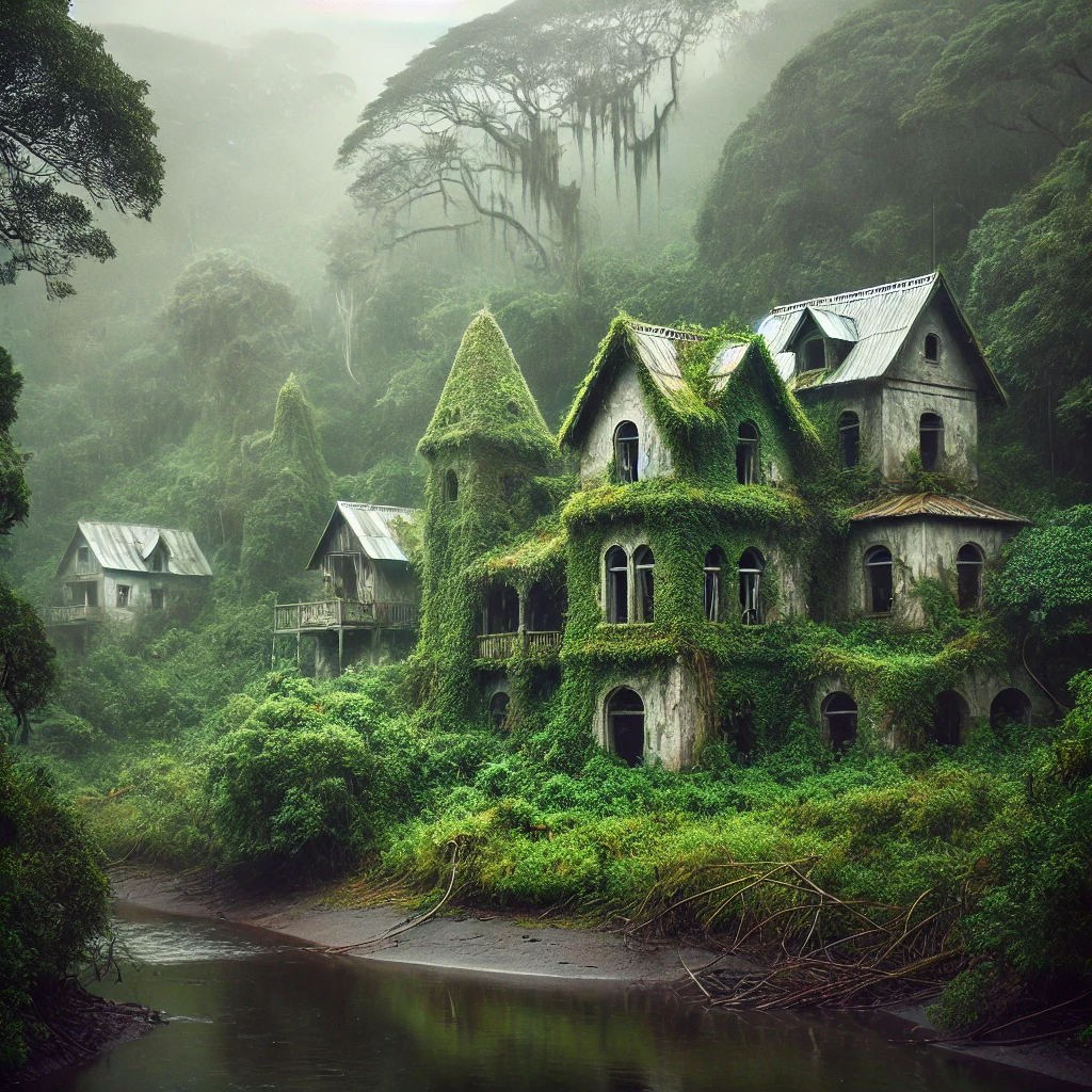  Таинственные заброшенные дома, скрытые в густой зелени, создают атмосферу, полную секретов прошлого.