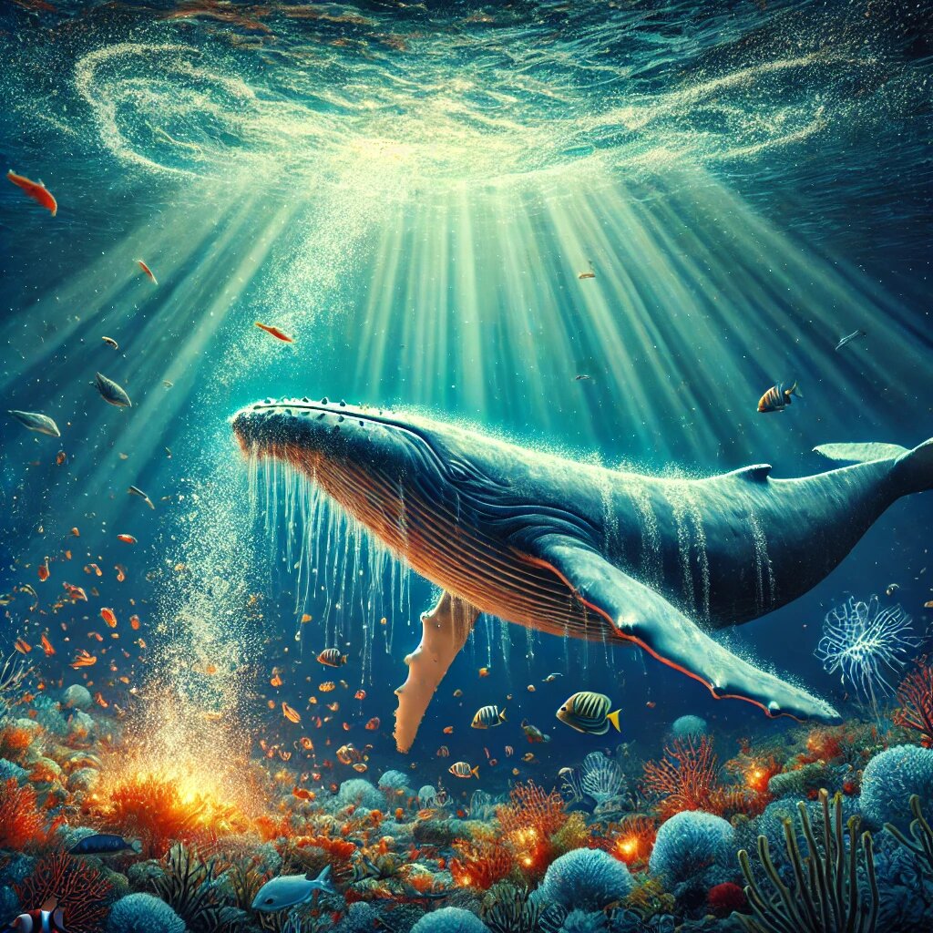 горбатый кит в океане, выделяющий питательные вещества. ИИ изображение