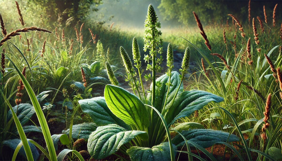 Изображение подорожника в его естественной среде обитания — детализированное и атмосферное, передающее красоту растения и окружающей природы.