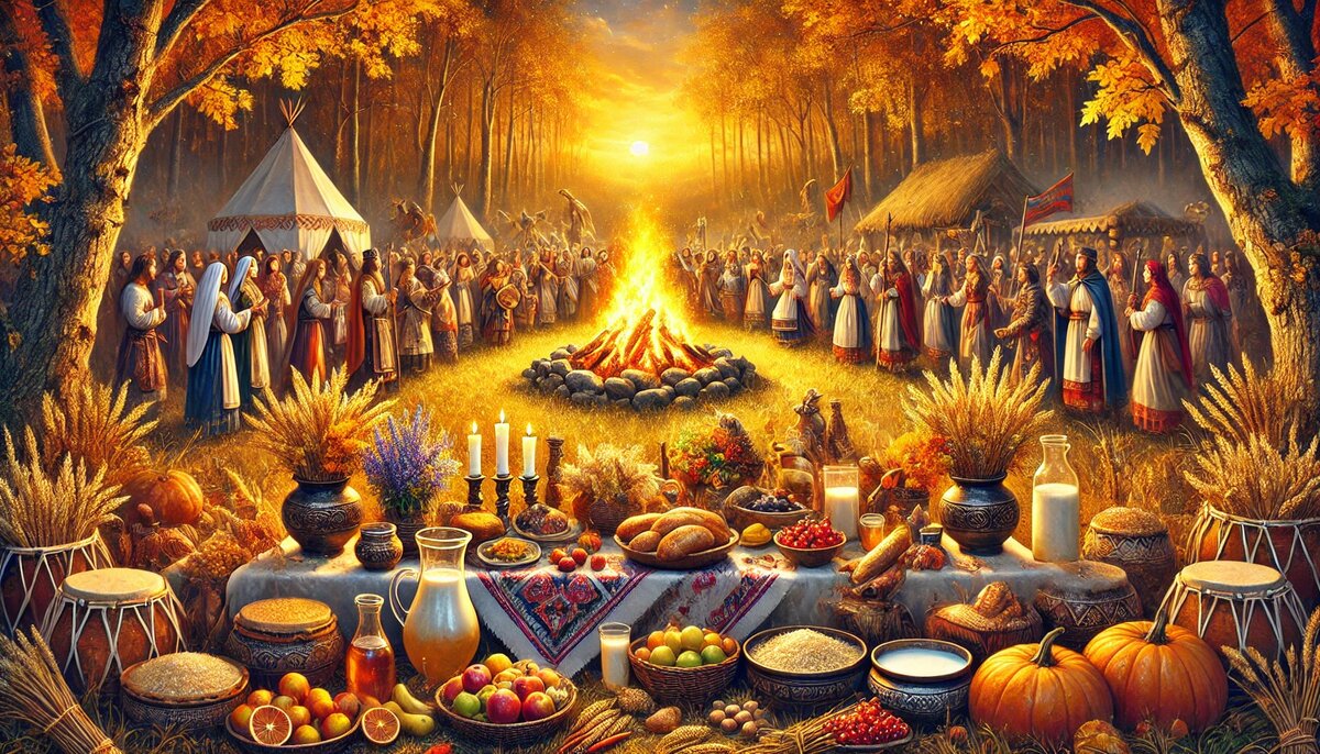 Изображение праздника Радогощь: осенний лес, костёр, люди в традиционных славянских нарядах, праздничный стол с хлебом, фруктами и зерном, ритуальные подношения Велесу и Мокоши. Атмосфера тепла, единства с природой и благодарности за урожай.