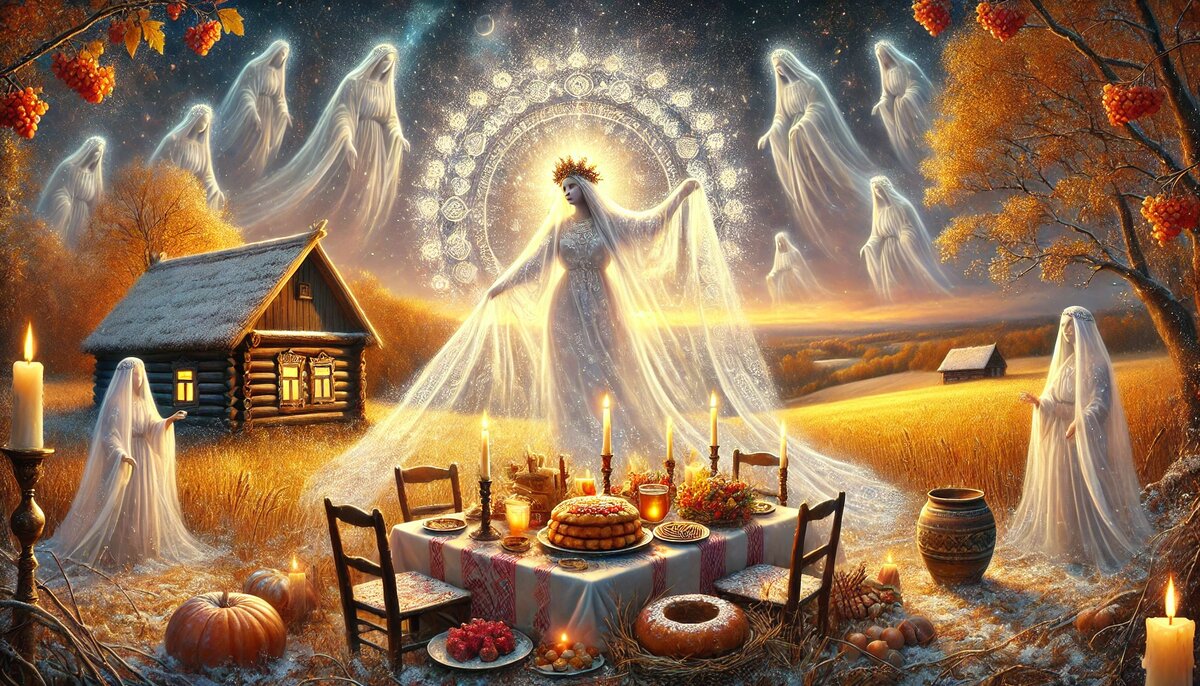 Изображение праздника Покров день – мистическая осенняя сцена с первым снегом, богиней Макошь, укрывающей землю белым покровом, и традиционными подношениями на столе. Атмосфера наполнена духовностью и глубокой символикой. 