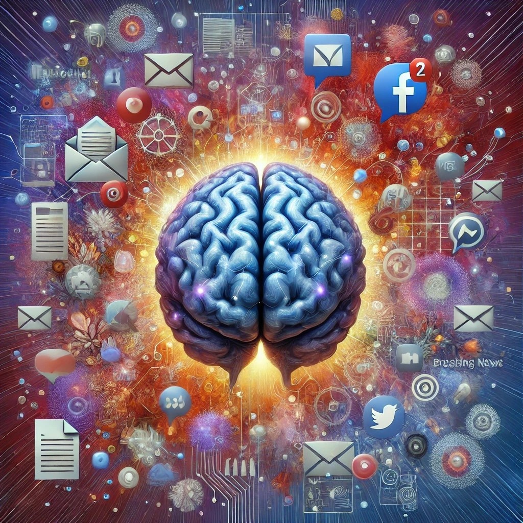 Иллюстрация: мозг, окружённый социальными сетями, работой и новостями.