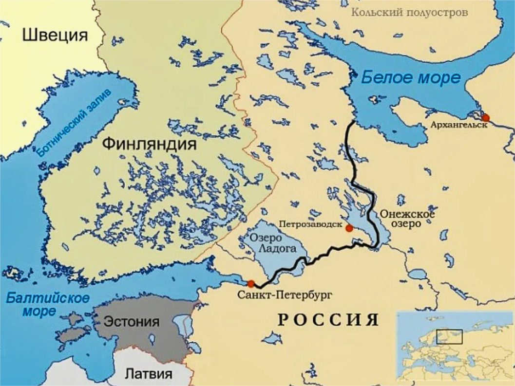 Схема Беломоро-Балтийского канала на карте страны.