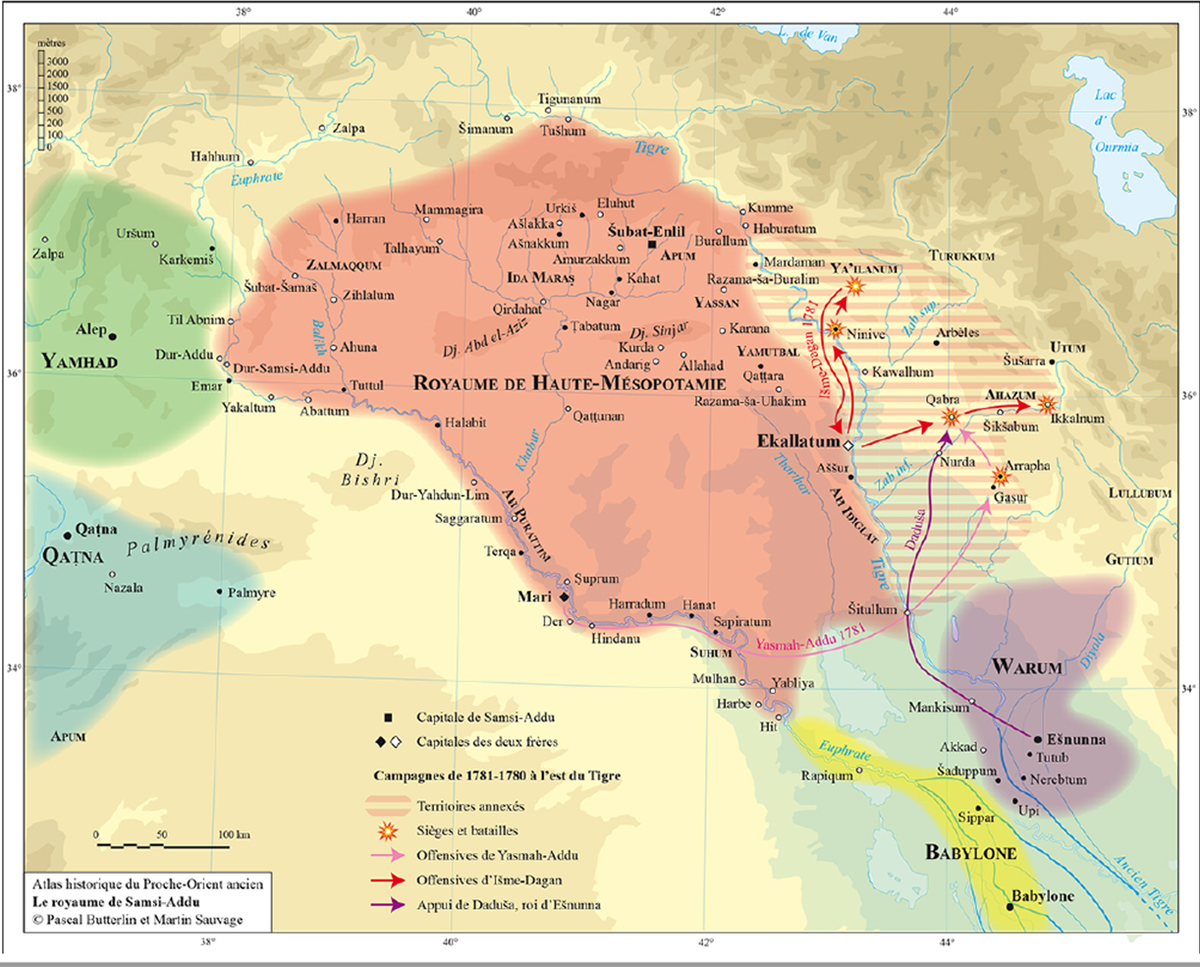 Карта Царства Верхней Месопотамии (Мари на западе, Экаллатум на востоке, Шубат-Энлиль на севере). 