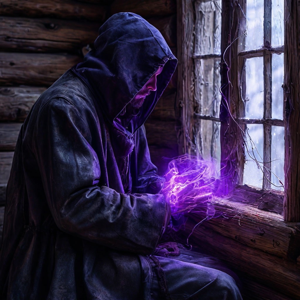 Он бросил взгляд в окно, на соседнюю избу. Рисунок от Яндекс GPT