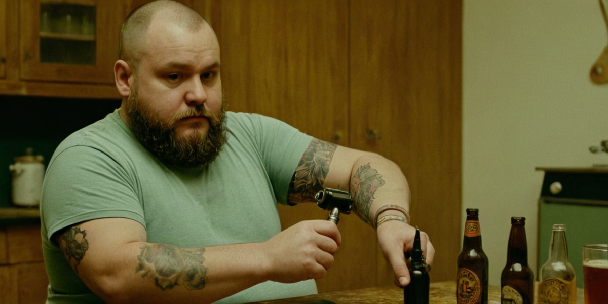 На фото изображен татуировщик который делает тату у себя дома