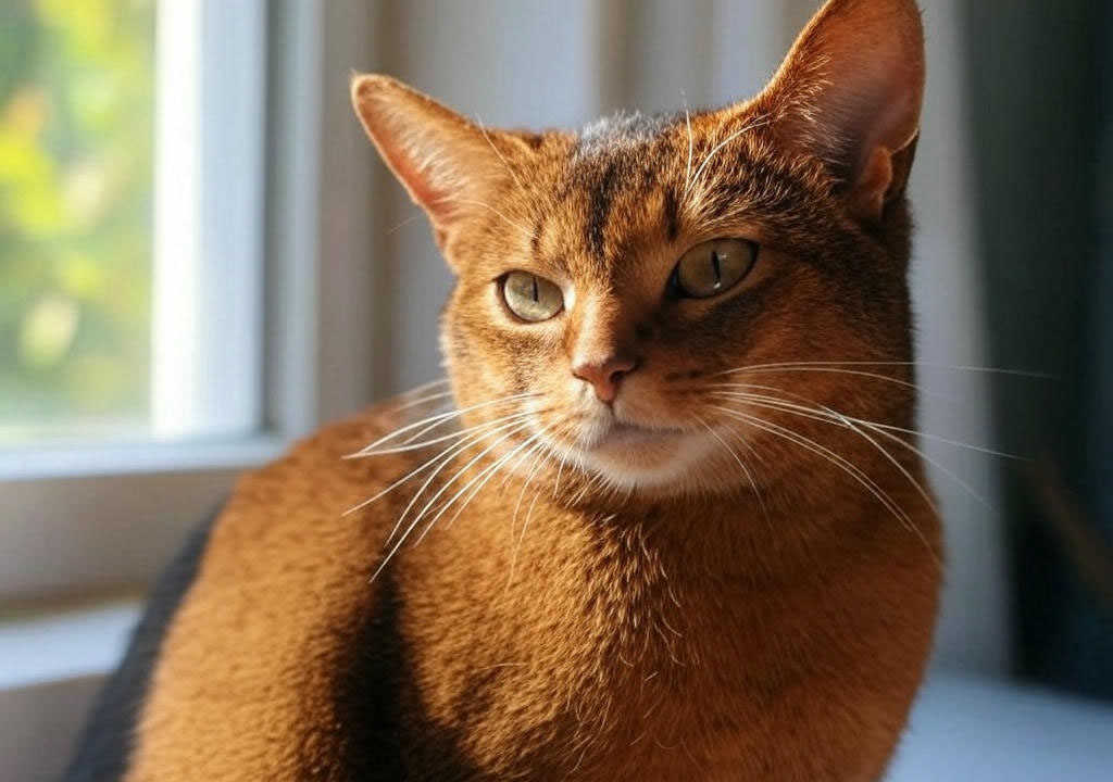Абиссинская кошка с выразительными глазами и длинными усами задумчиво смотрит вдаль.