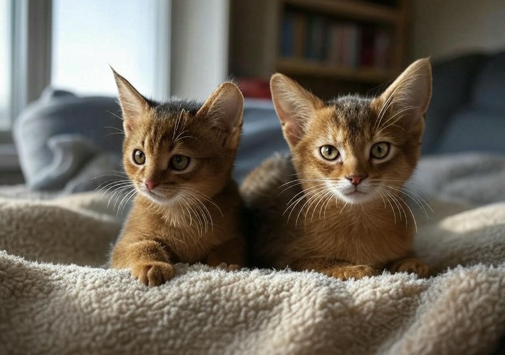 Двое игривых абиссинских котят лежит вместе на мягком покрывале.