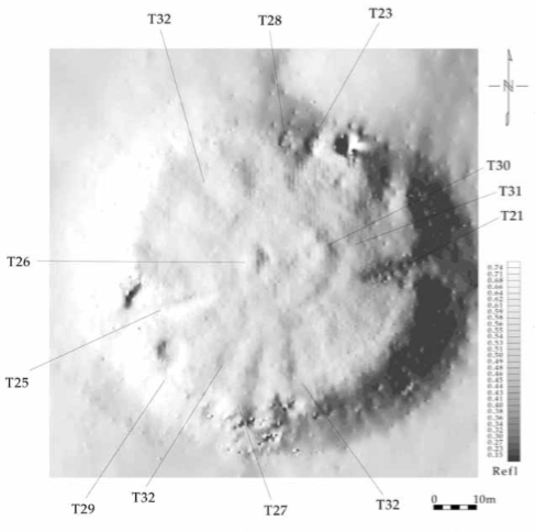 Микрорельеф Рат Круахана. Обратите внимание на секторальную отсыпку. Возможно, она выполняла двойную функцию: канавки служили для стока дождевой воды. T21 - пандус, ещё один спуск - T25.