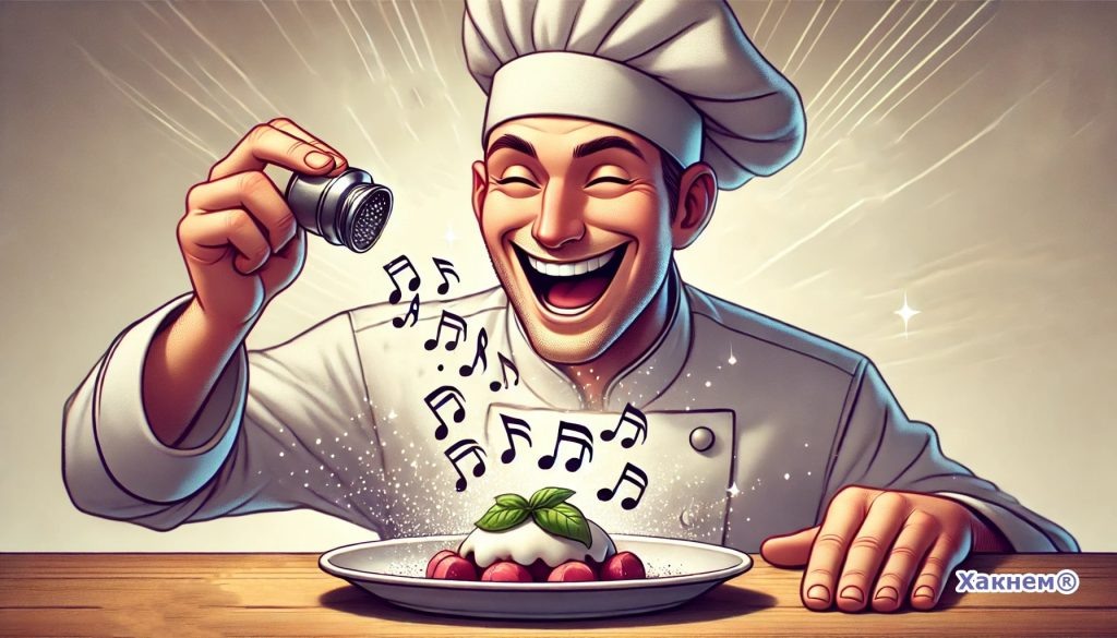 Повар посыпает нотами свой шедевр.