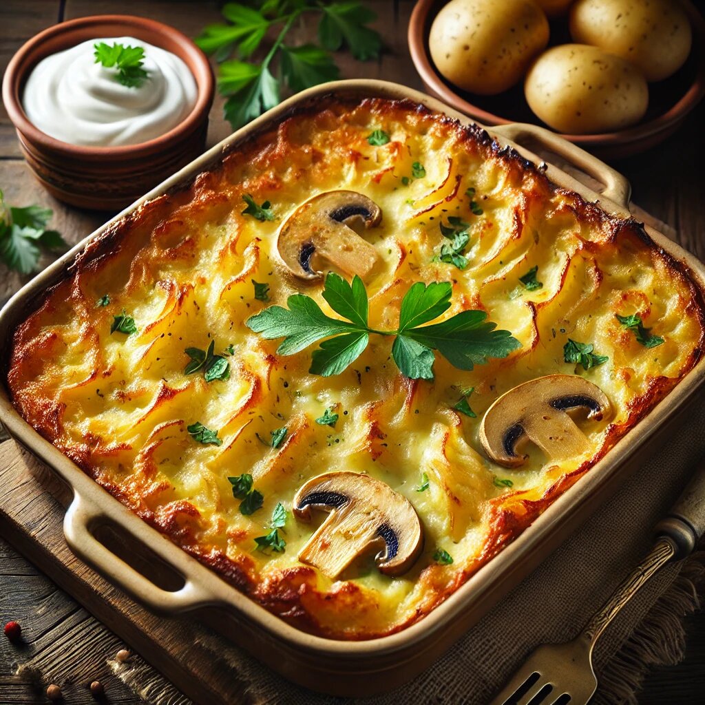 🍲 Картофельная запеканка с грибами и сыром – сытный домашний ужин!