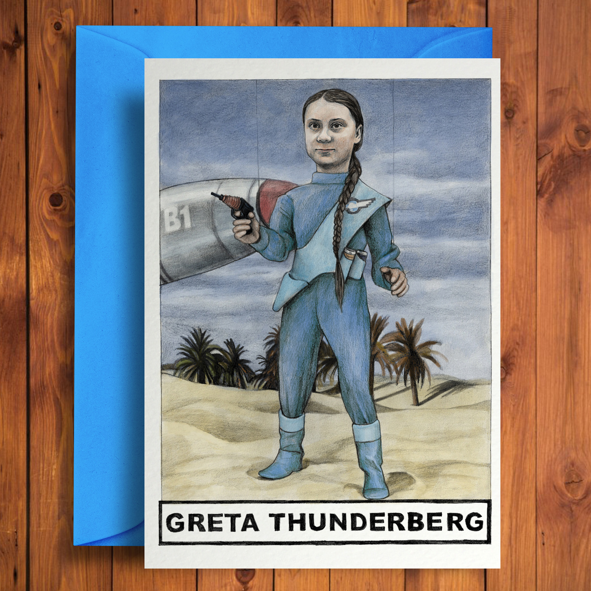 Здесь игра слов заключается в сочетании имени активистки Greta Thunberg и названия известного британского фантастического телесериала «Thunderbirds» («Буревестники»), где главные герои — куклы-марионетки, спасающие мир с помощью сложной техники и гаджетов.