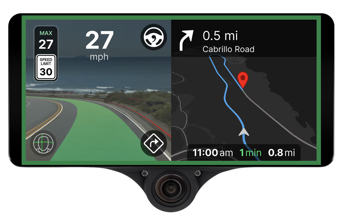 Интерфейс автономного вождения от Comma.ai с отображением текущей скорости, лимита и навигации в режиме реального времени. Источник: https://comma.ai/shop/comma-3x