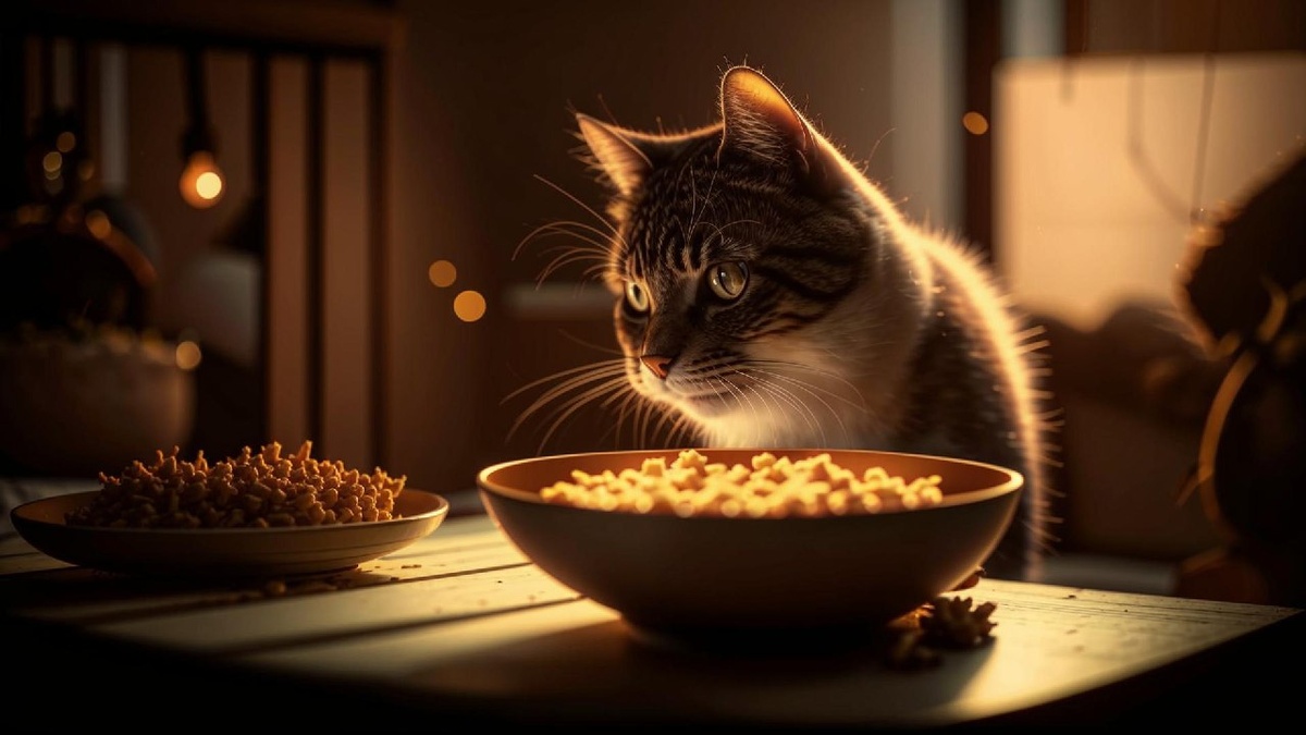 Кошка ест влажный корм из миски