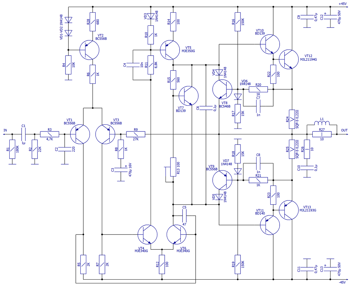 Схема электрическая принципиальная трёхкаскадного УМЗЧ класса AB