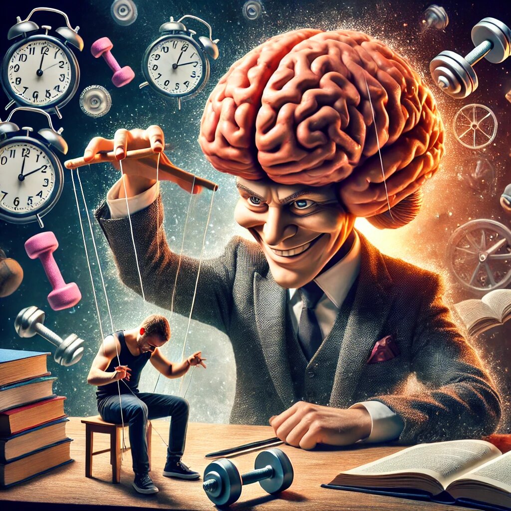 Мозг как коварный бизнесмен, манипулирующий человеком, а вокруг хаос из символов силы воли.