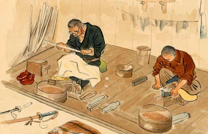 Ковка мечей японскими оружейниками.