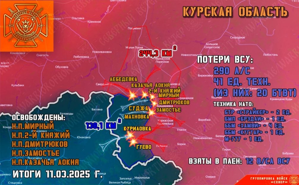    С начала марта освобождено 244 квадратных километра Курской области. Телеграм-канал «Северный ветер».
