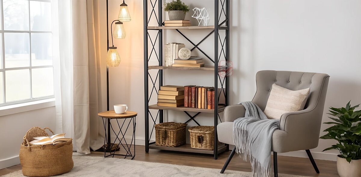 Стеллаж металлический с книгами в интерьере дома - фото Стеллажин