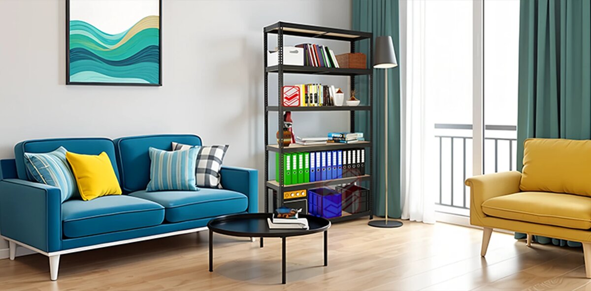 Стеллаж металлический в стиле лофт с книгами в интерьере дома - фото Стеллажин