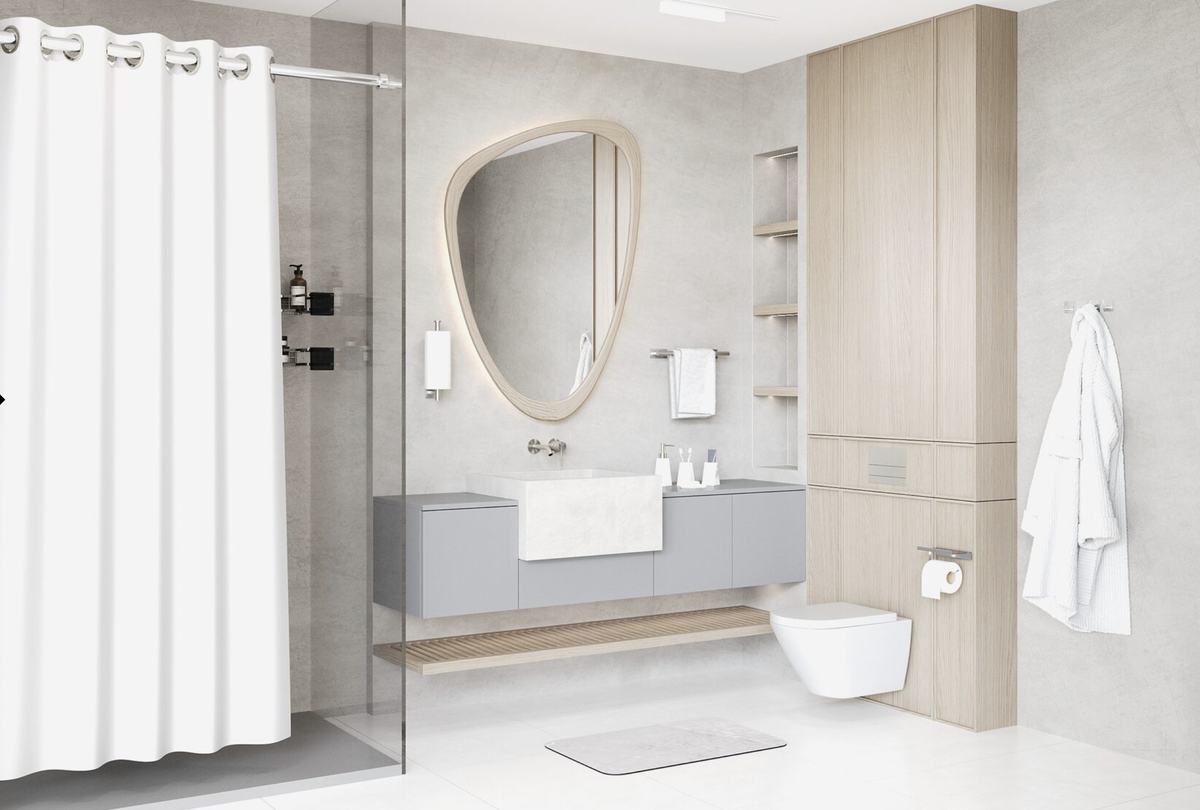 Комплект "Скандинавский мрамор". В комплекте: полки для ванной, крючки настенные, держатель для туалетной бумаги, коврик для ванной, держатель для бумажных полотенец, держатель для махровых полотенец, набор аксессуаров для ванной, штора для ванной, держатель для душа. https://inhomeka.ru/skandi3